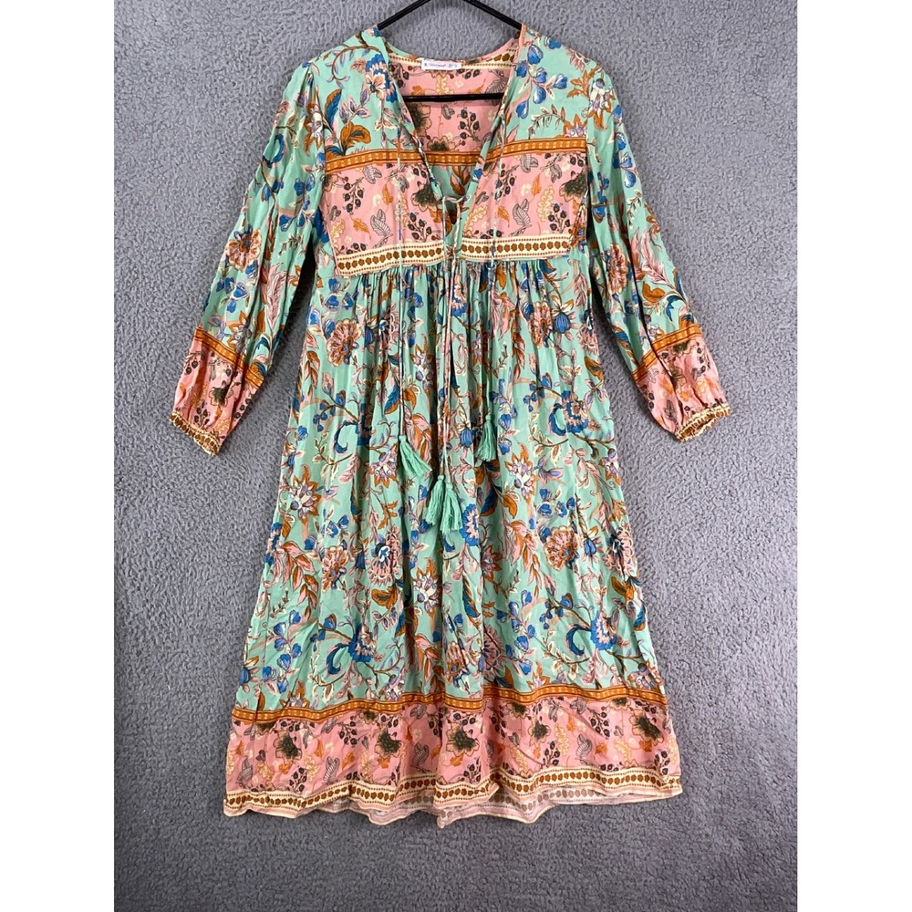 R.Vivimos Floral Midi Dress Womens Small Mint Pink Boho Tassel V-Neck Sleeve
